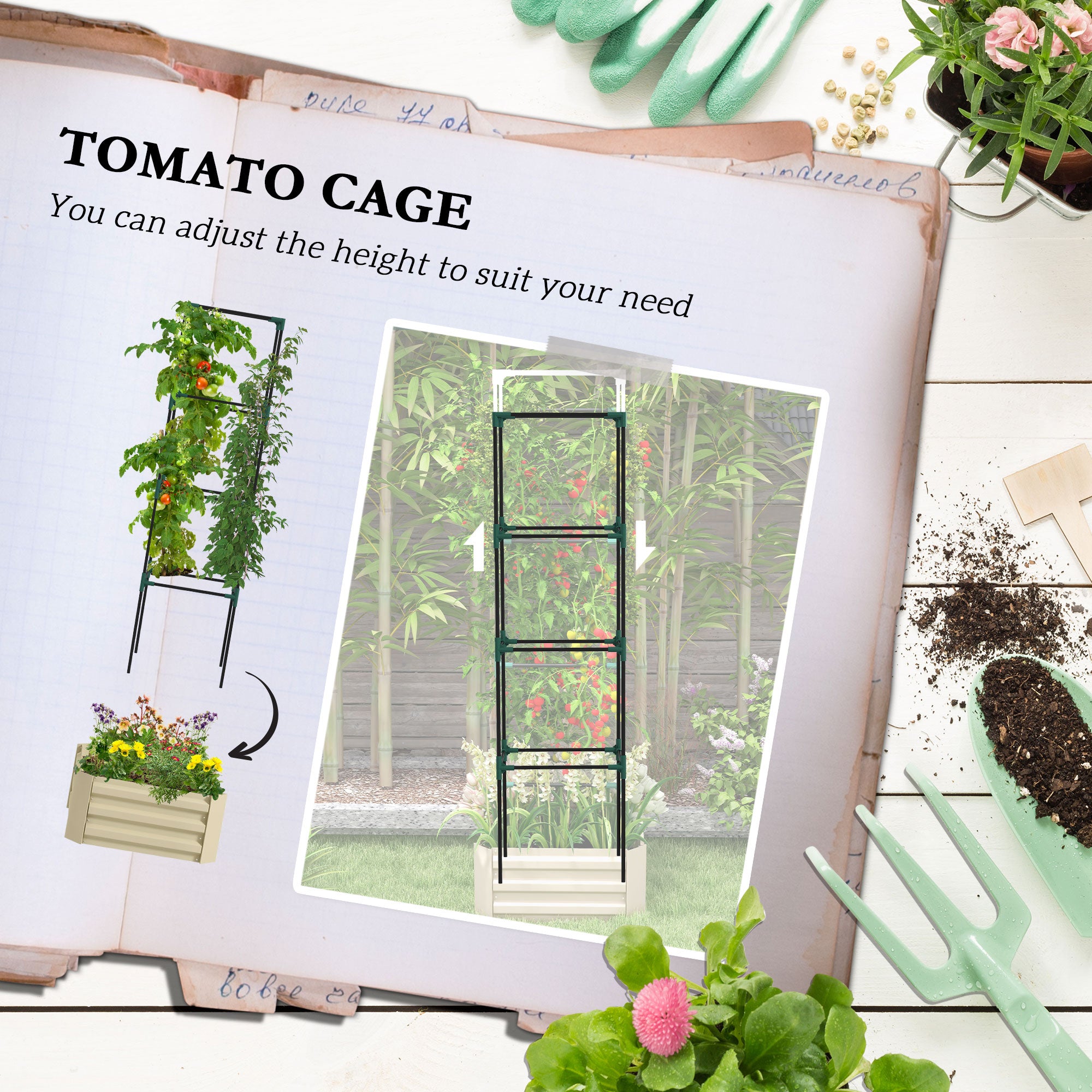 Galvanized Planter Box, 24" x 24" x 73.5" Raised Garden Bed with Tomato Cage for Climbing Vines, Cream - Cream White - Image 4