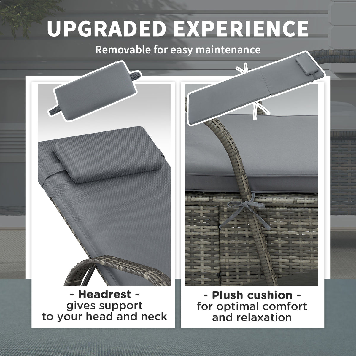 2 Reclining Chaise Lounge Chairs, Rolling Outdoor Chairs with Cushion, Pillow, Headrest, Armrests, and Wheels, Gray