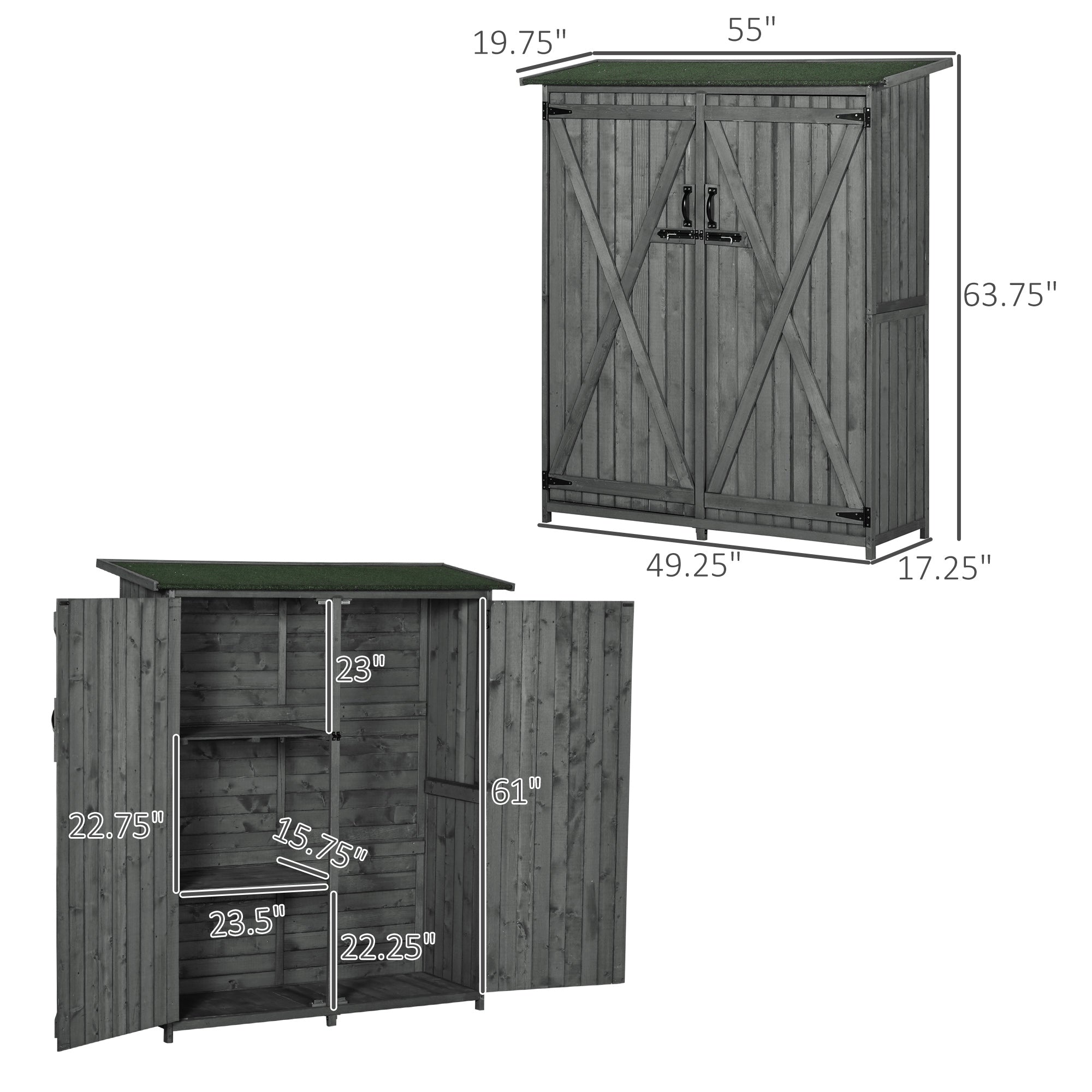 Outdoor Storage Cabinet Wooden Garden Shed Utility Tool Organizer with Waterproof Asphalt Rood, Lockable Doors, 3 Tier Shelves for Lawn, Backyard, Gray - Grey - Image 3