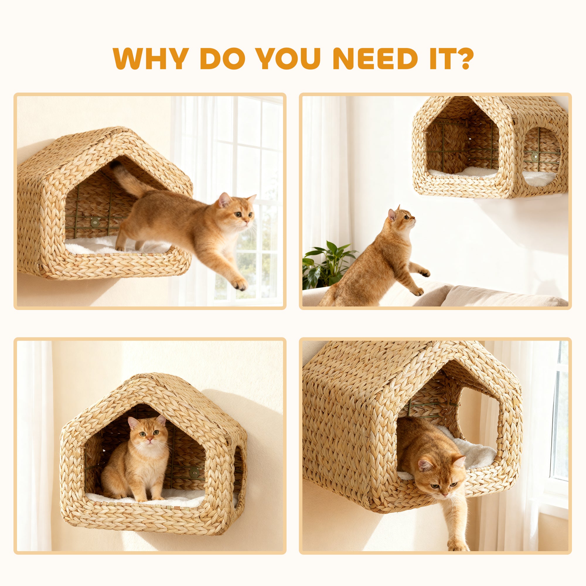 Wall Mounted Cat House, Cat Wall Furniture, Cat Wall Shelf with Washable Cushion, Natural - Natural Wood - Image 8