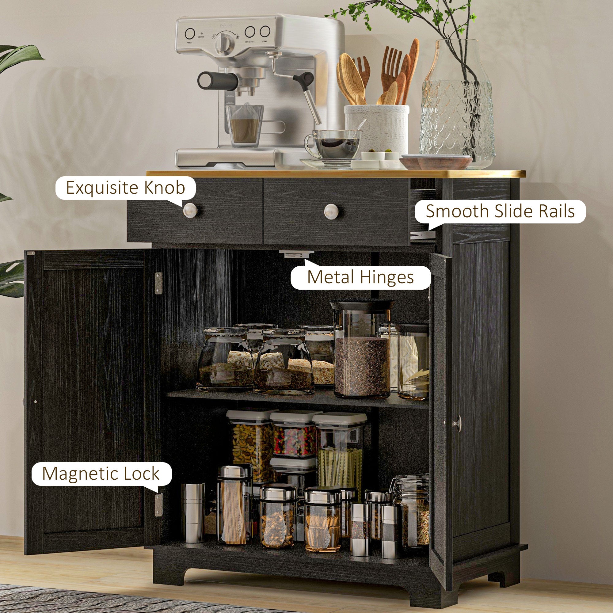 Kitchen Storage Cabinet, Sideboard Floor Cupboard with Solid Wood Top, Adjustable Shelf, and 2 Drawers, Distressed Black