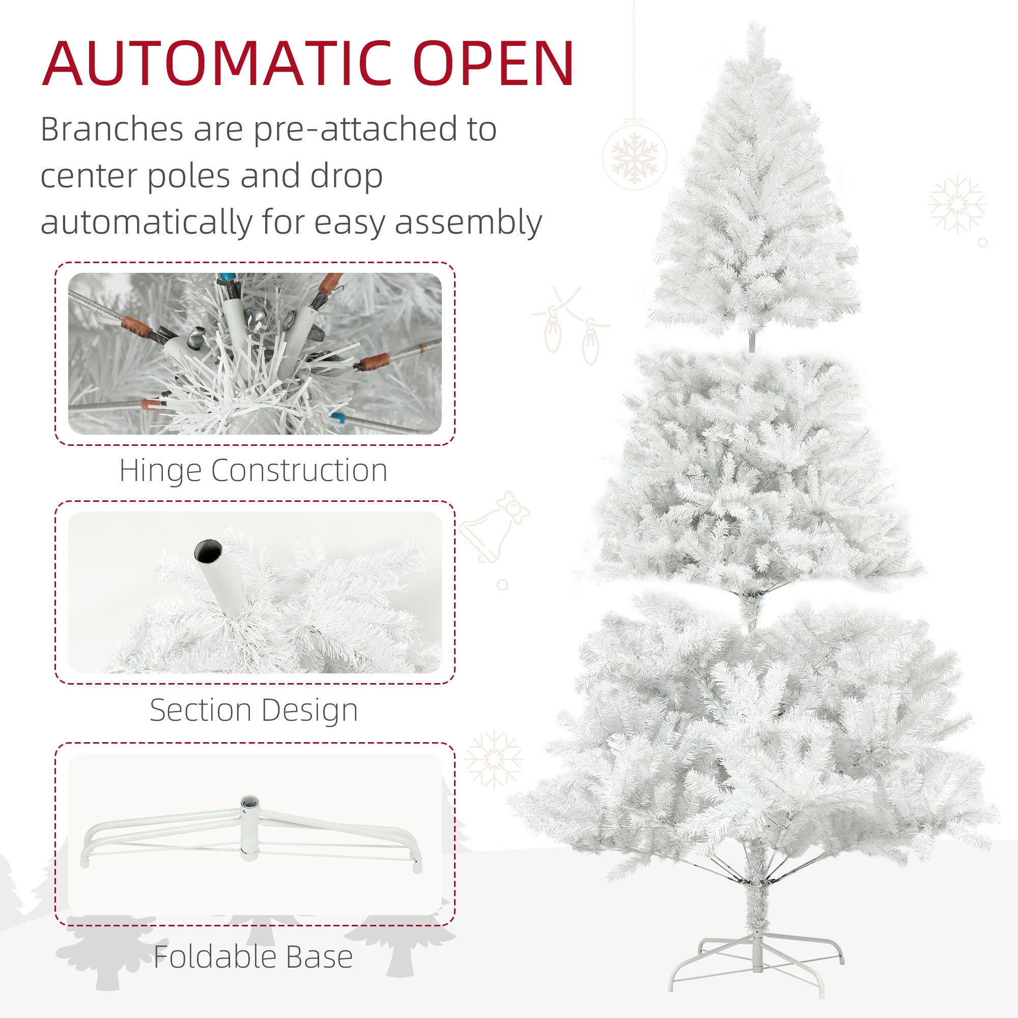 7.5ft Unlit Artificial White Christmas Tree, Holiday Decor with 1346 Branch Tips, Auto Open and Steel Base
