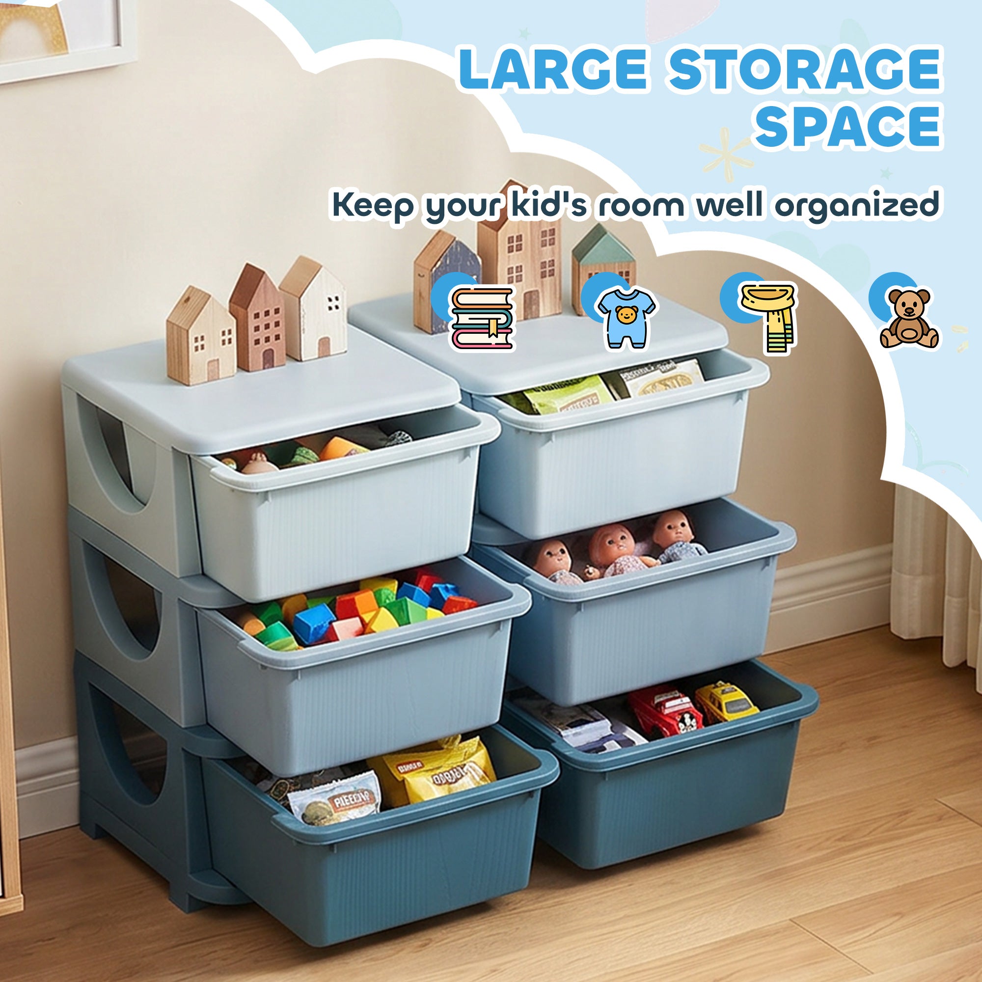 3 Tier Kids Storage Unit, Toy Organizers and Storage with 6 Drawer Chest for Kids Bedroom Nursery Kindergarten Living Room for Boys Girls Toddlers, Blue