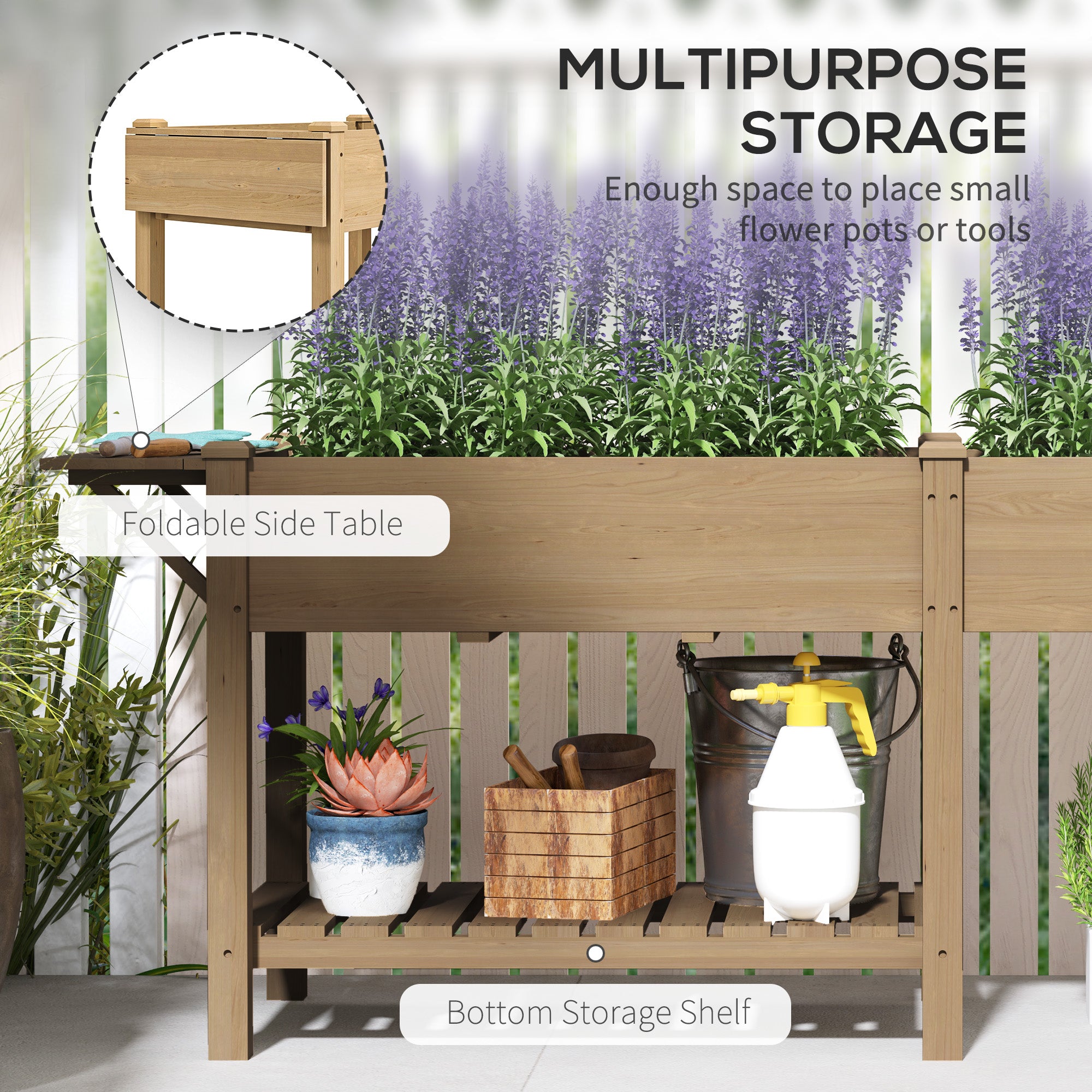 Wood Raised Garden Box, Elevated Garden Bed with Side Table, Bottom Shelf, Bed Liners and Drainage Holes, Carbonized - Carbonized - Image 5
