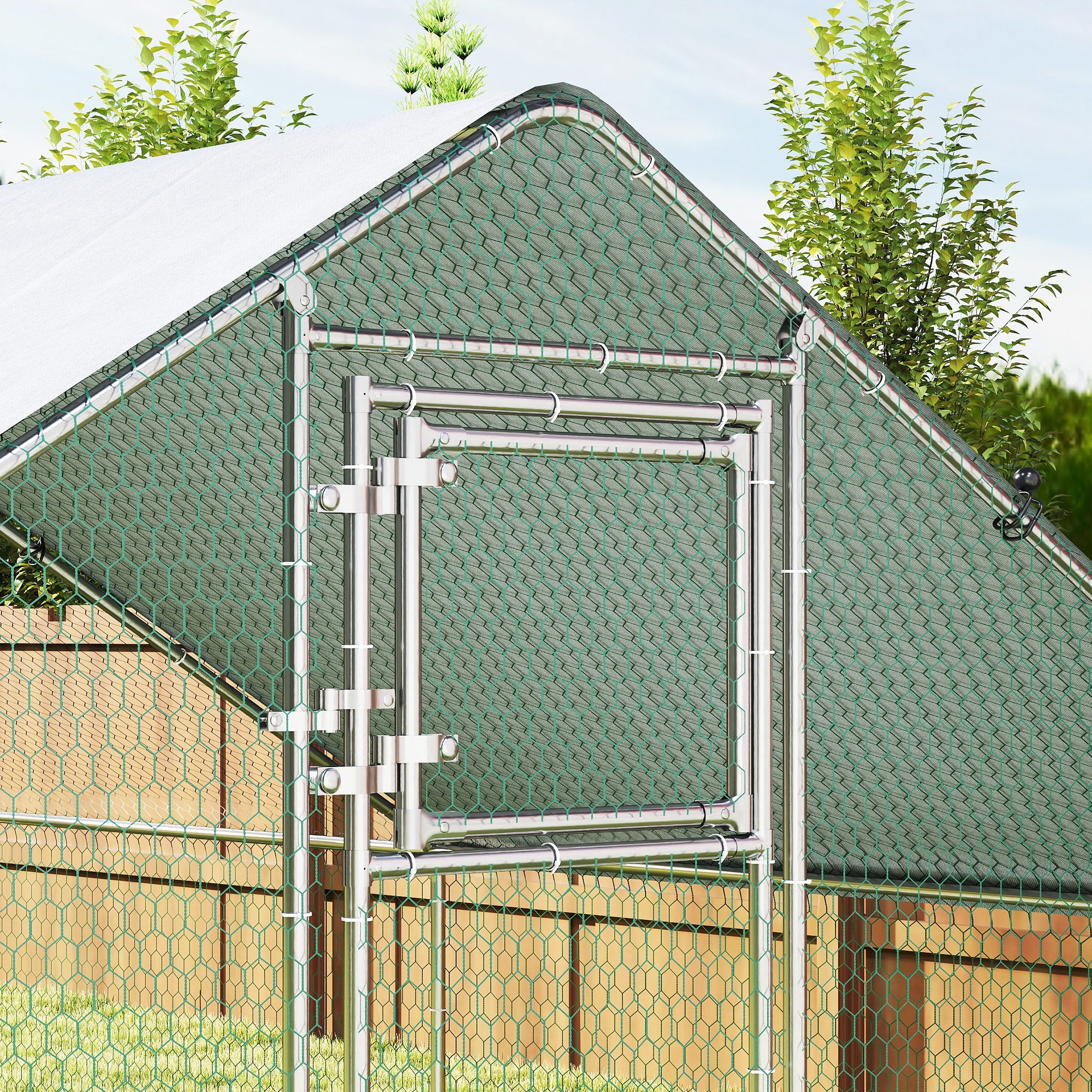 Large Chicken Coop with Waterproof and Anti-UV Cover, Spire Shaped for Outdoor and Yard Farm Use, 39' x 10' x 6.4' - Silver - Image 8