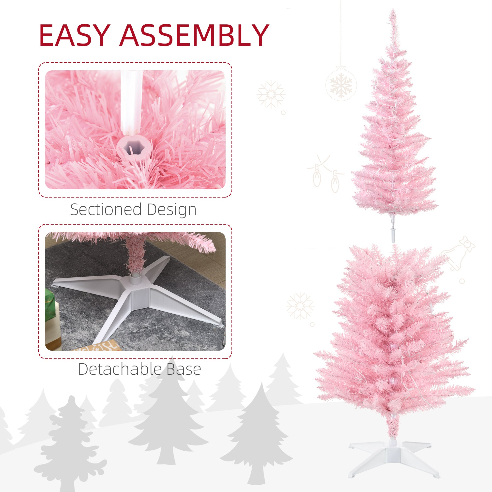 5ft Pencil Christmas Tree, Slim Artificial Christmas Tree with Realistic Branches and Warm White LED Lights, Pink