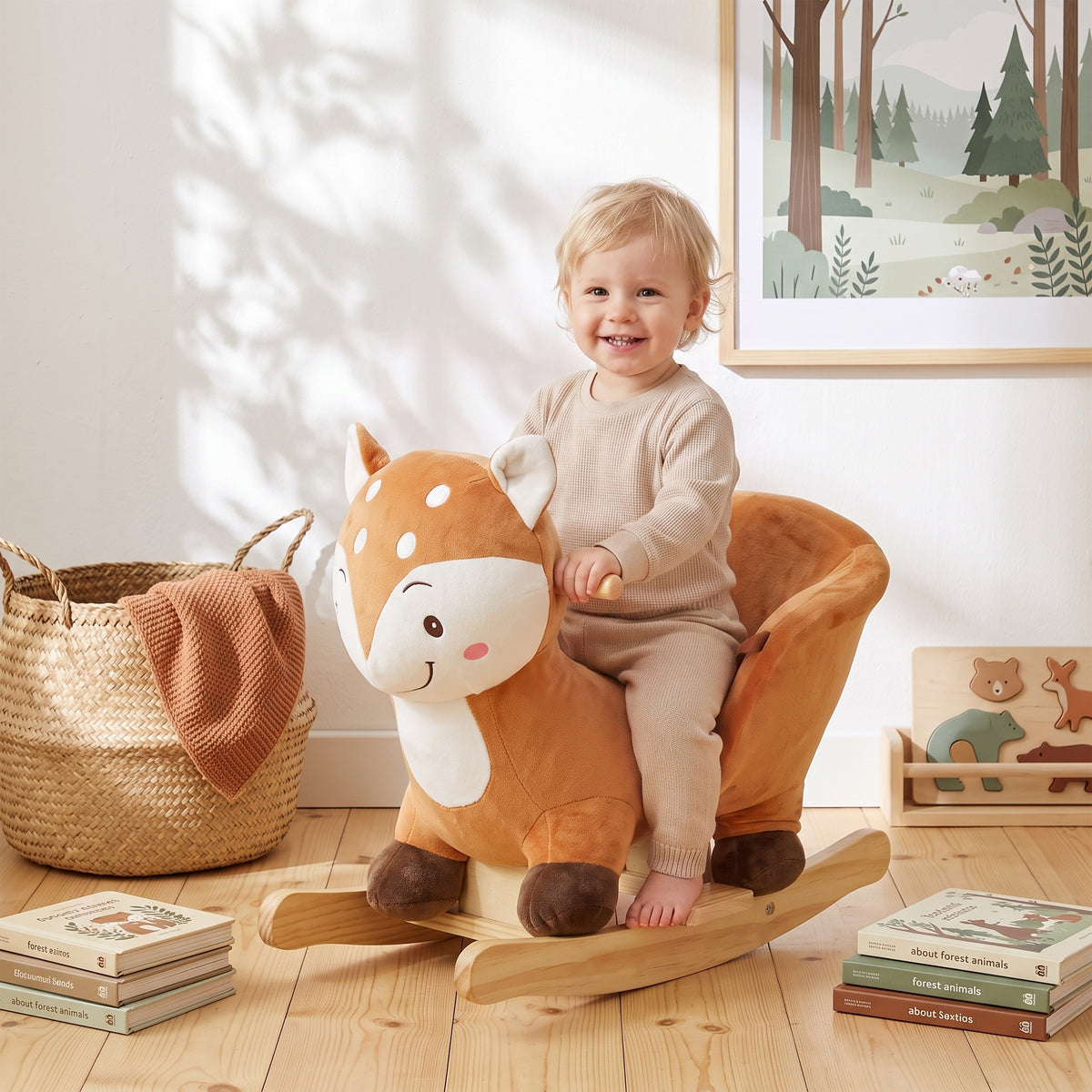 Baby Rocking Horse, Spotted Deer Rocking Horse Toy with Sounds, Seat Belt and Widened Base for Toddlers 1-3 Y, Brown