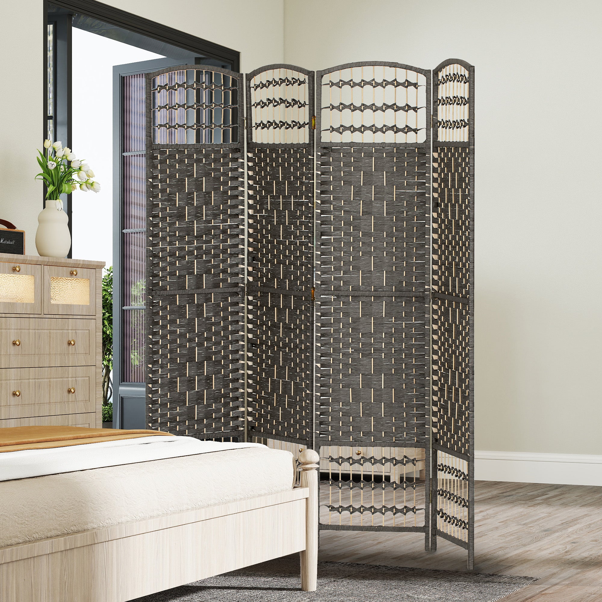4 Panel Room Divider, Folding Screen, 5.6', Dark Gray