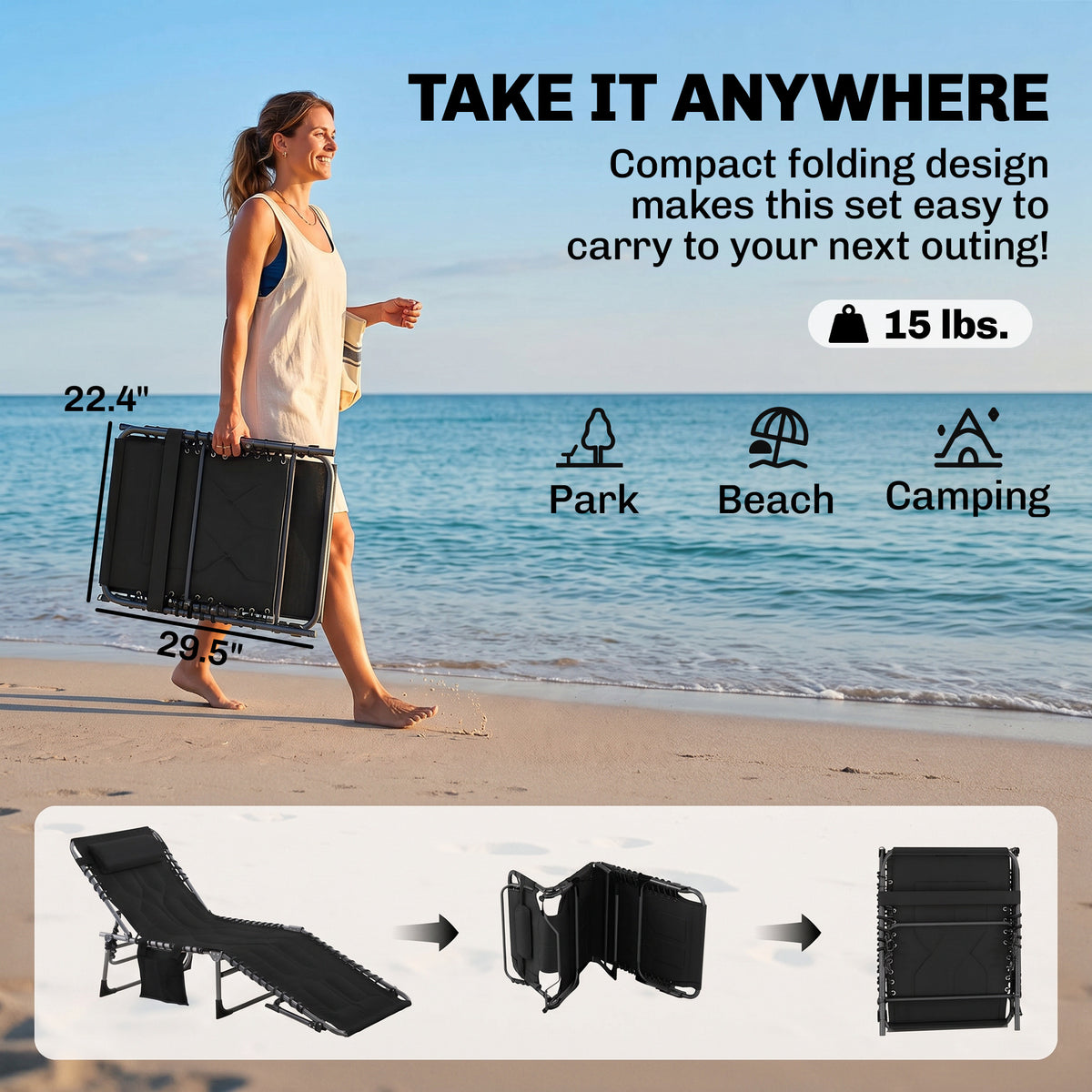 Padded Folding Chaise Lounge Chair, Outdoor 6-Level Reclining Camping Tanning Chair with Headrest for Beach, Yard, Patio, Pool, Black