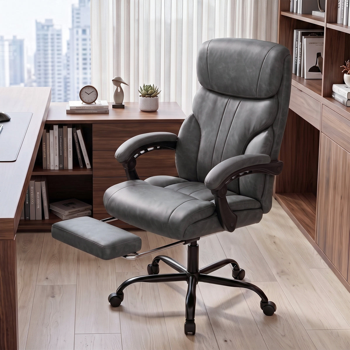 Massage Office Chair Vibration Computer Chair Heated Reclining PU Leather Footrest Height Adjustable Gray