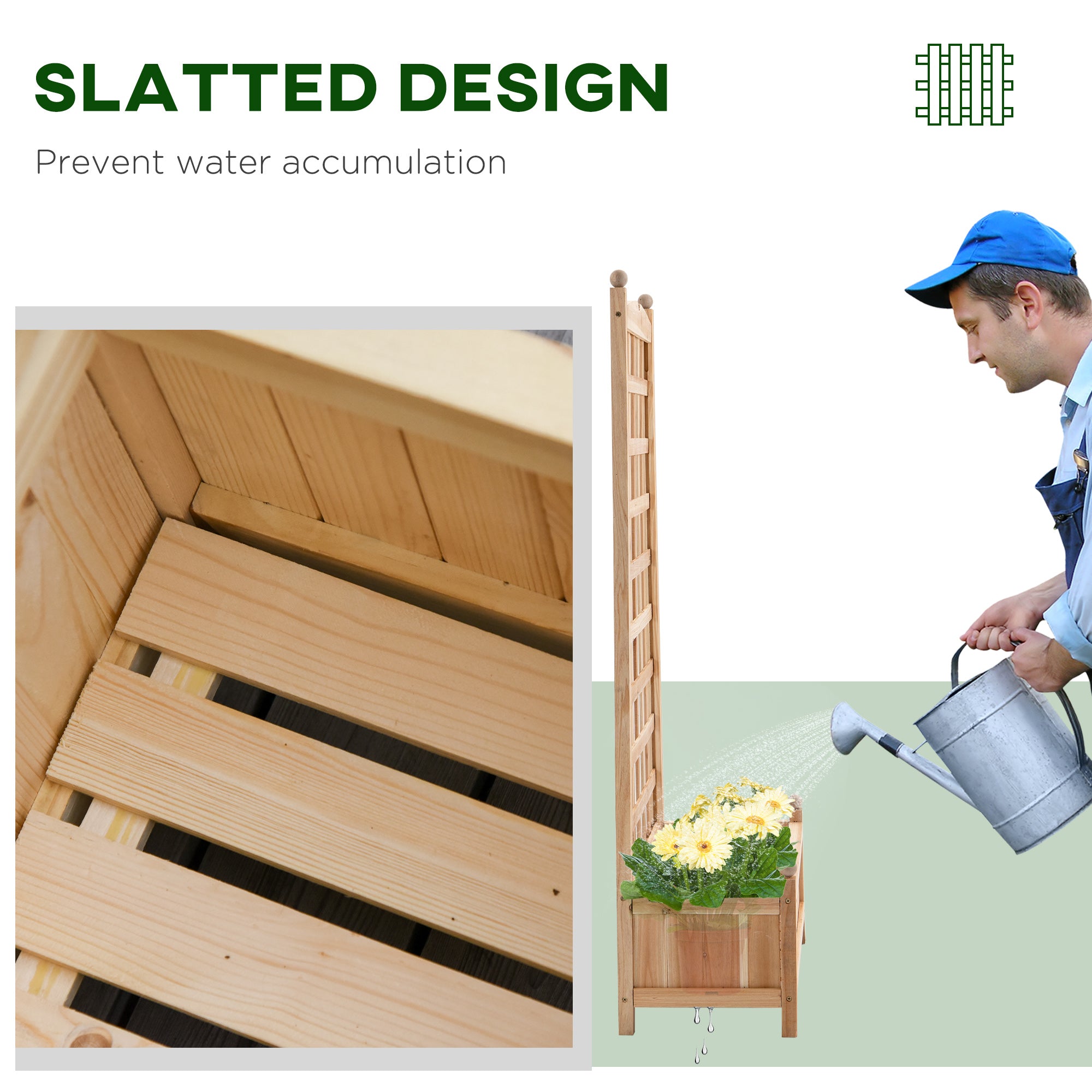 Wooden Raised Garden Bed with Trellis, Outdoor Planter Box with Drainage Crevices for Climbing Vine Plants Flowers, 24" x 12" x 49" - Natural - Image 6