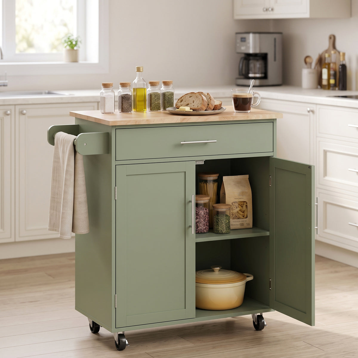 Kitchen Island Cart, Rolling Island Table with Solid Wood Top, Trolley Cart with Drawer, Storage Cabinet, Green