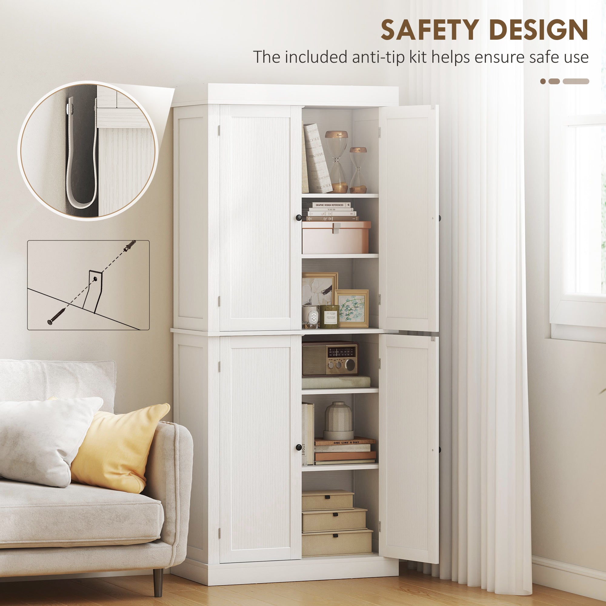 72" Kitchen Cabinet, Pantry Storage Cabinet with Doors and Shelves, Freestanding Food Pantry Cabinet, White Wood Grain