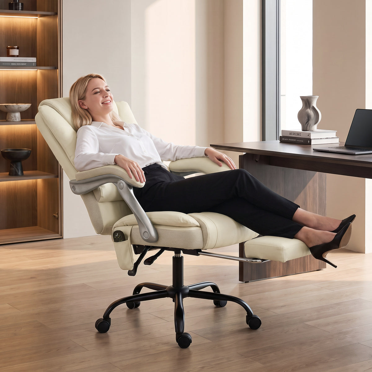 400lbs Massage Office Chair with Heat, Big and Tall Desk Chair, Lumbar Support, Reclining, Footrest, Beige