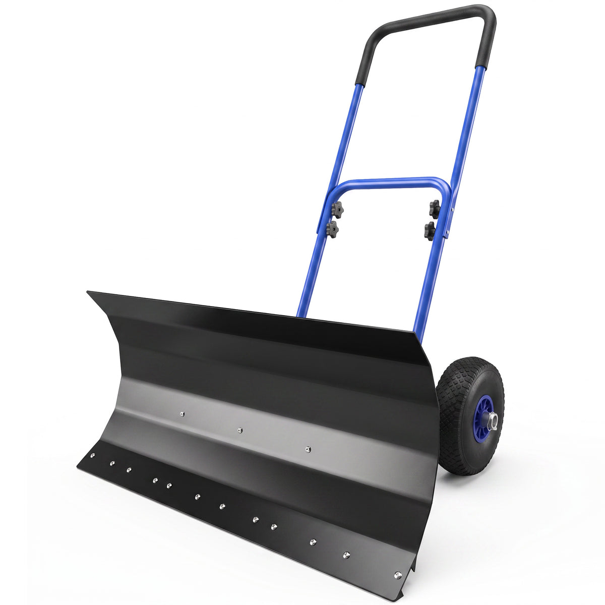 Snow Shovel with Wheels, 29" x 16.5" Metal Snow Pusher with Adjustable Handle, 5-Angle Blade for Driveway, Blue