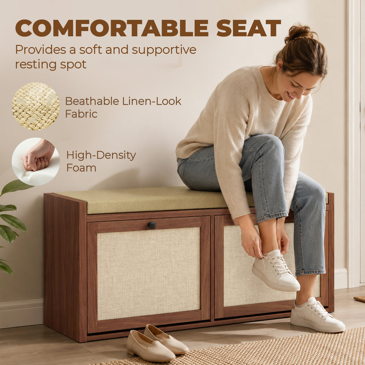 Shoe Storage Bench with Padded Seat, Shoe Storage Bench 2 Rattan Doors for Entryway, Brown