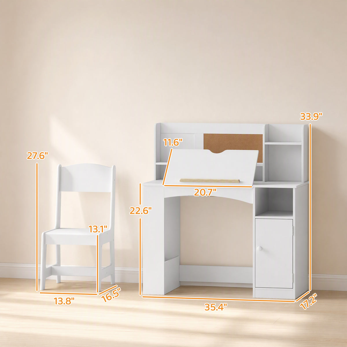 Kids Desk and Chair Set, Wooden Children Study Table with Tiltable Desktop, Storage Cabinet, Hutch for 3-12, White