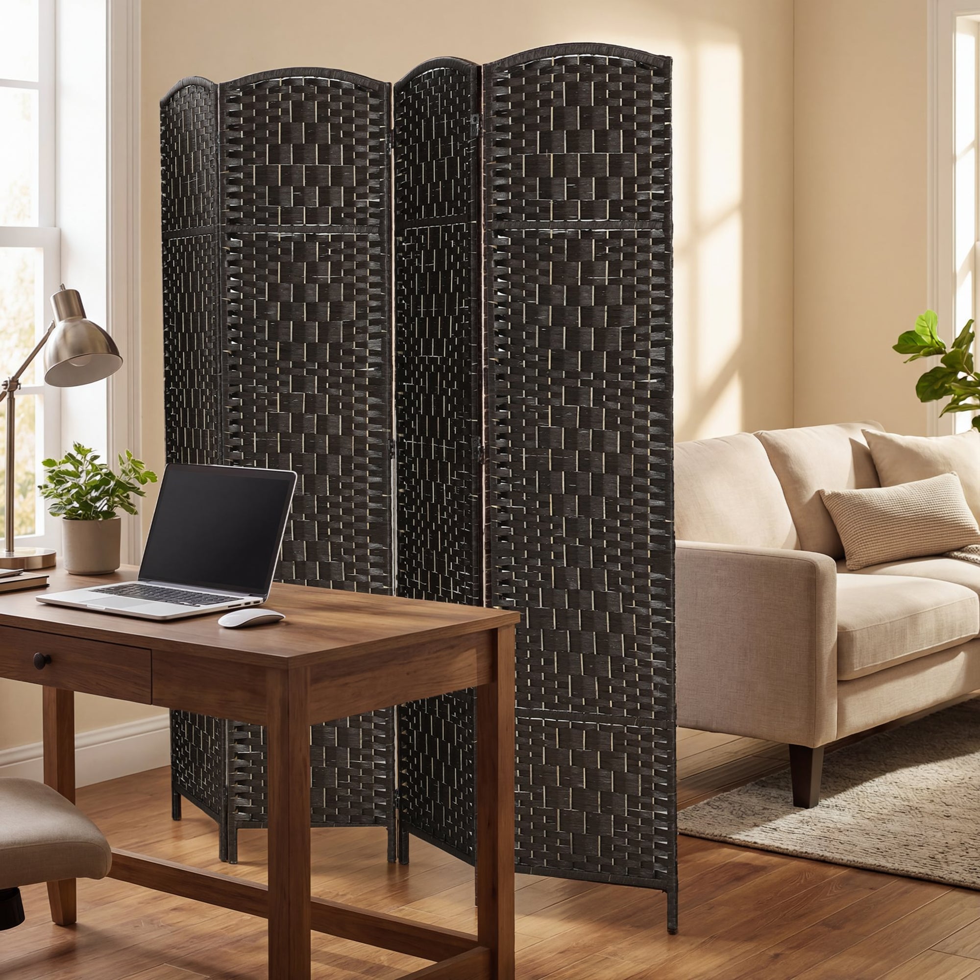 Room Divider, 4 Panel Folding Privacy Screen, 70.9" Tall Portable Weave Partition Wall Divider for Bedroom, Coffee