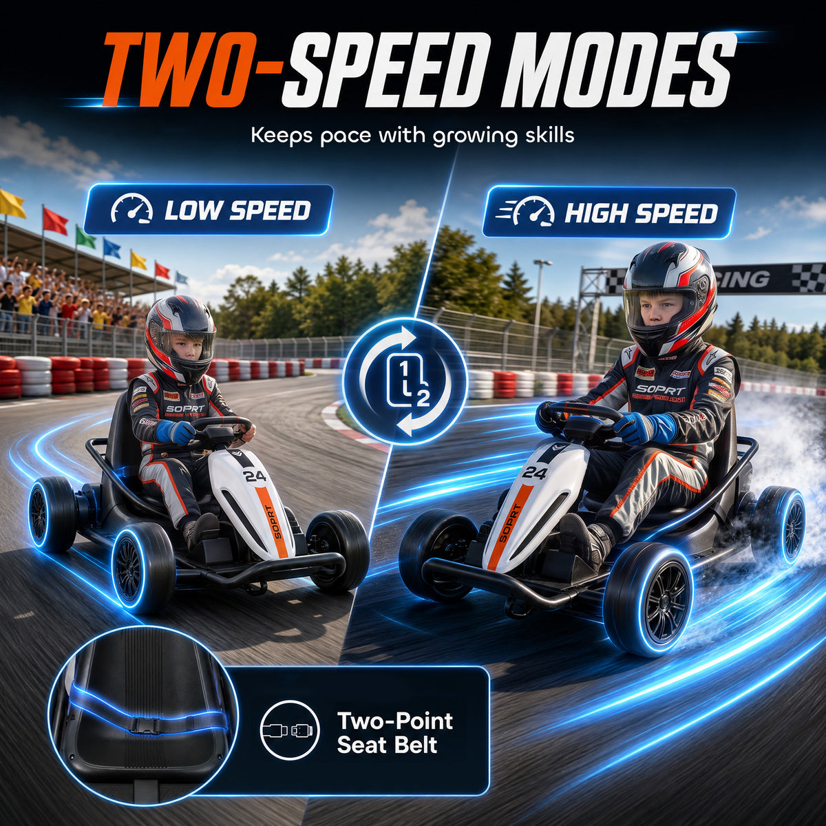 24V Electric Drift Go Kart for Kids with Dual Motors, Soft Start, PU Wheels, 7.5MPH High Speed, for Ages 6+, White