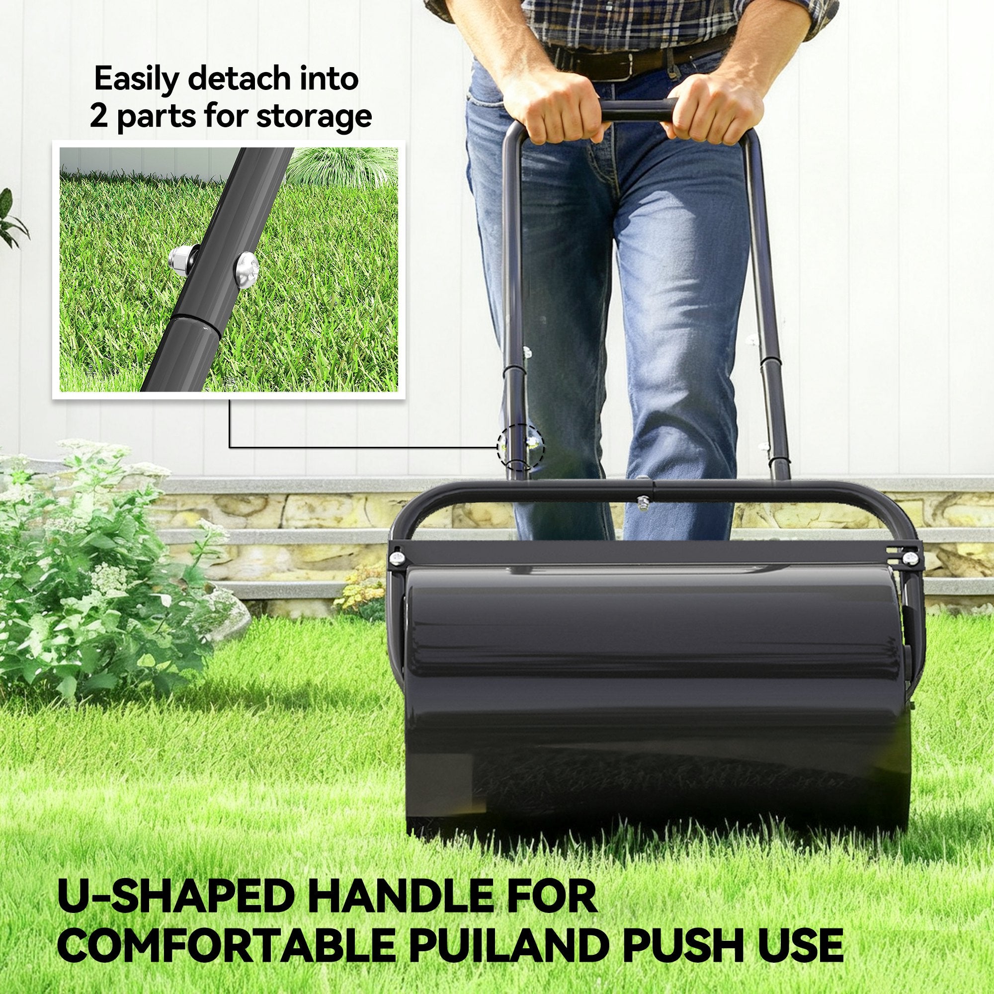 20-Inch Push/Tow Behind Lawn Roller Filled with 10 Gal Water or Sand for Flattening Sod in the Garden, Black - Black - Image 7