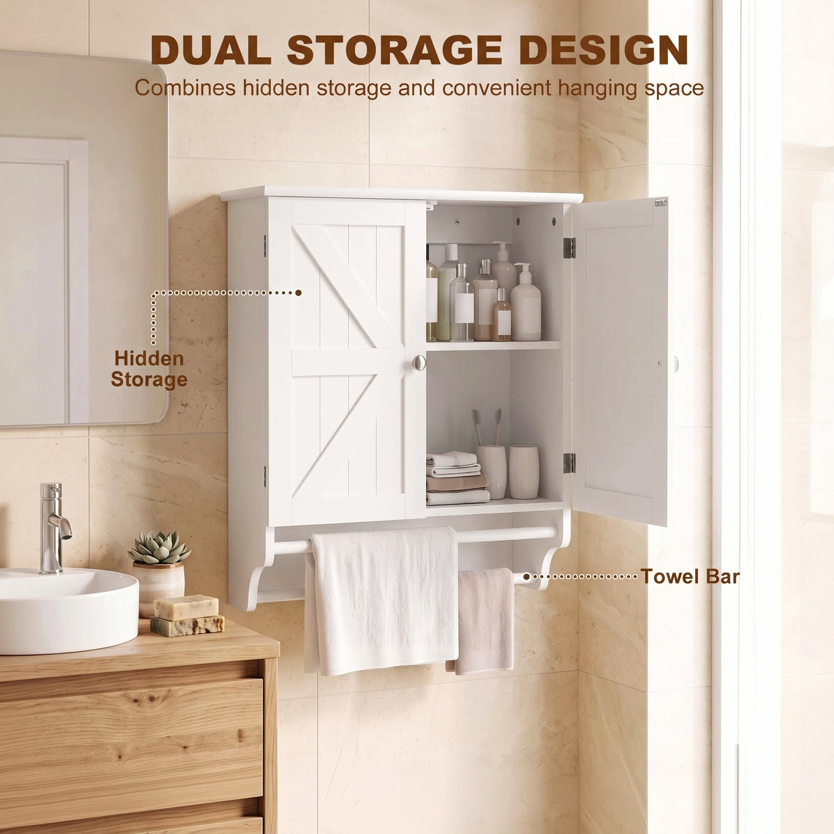 Bathroom Wall Cabinet, Medicine Cabinet with Adjustable Shelf, 2 Doors & Towel Racks, 23.8" x 8.9" x 25.2", White