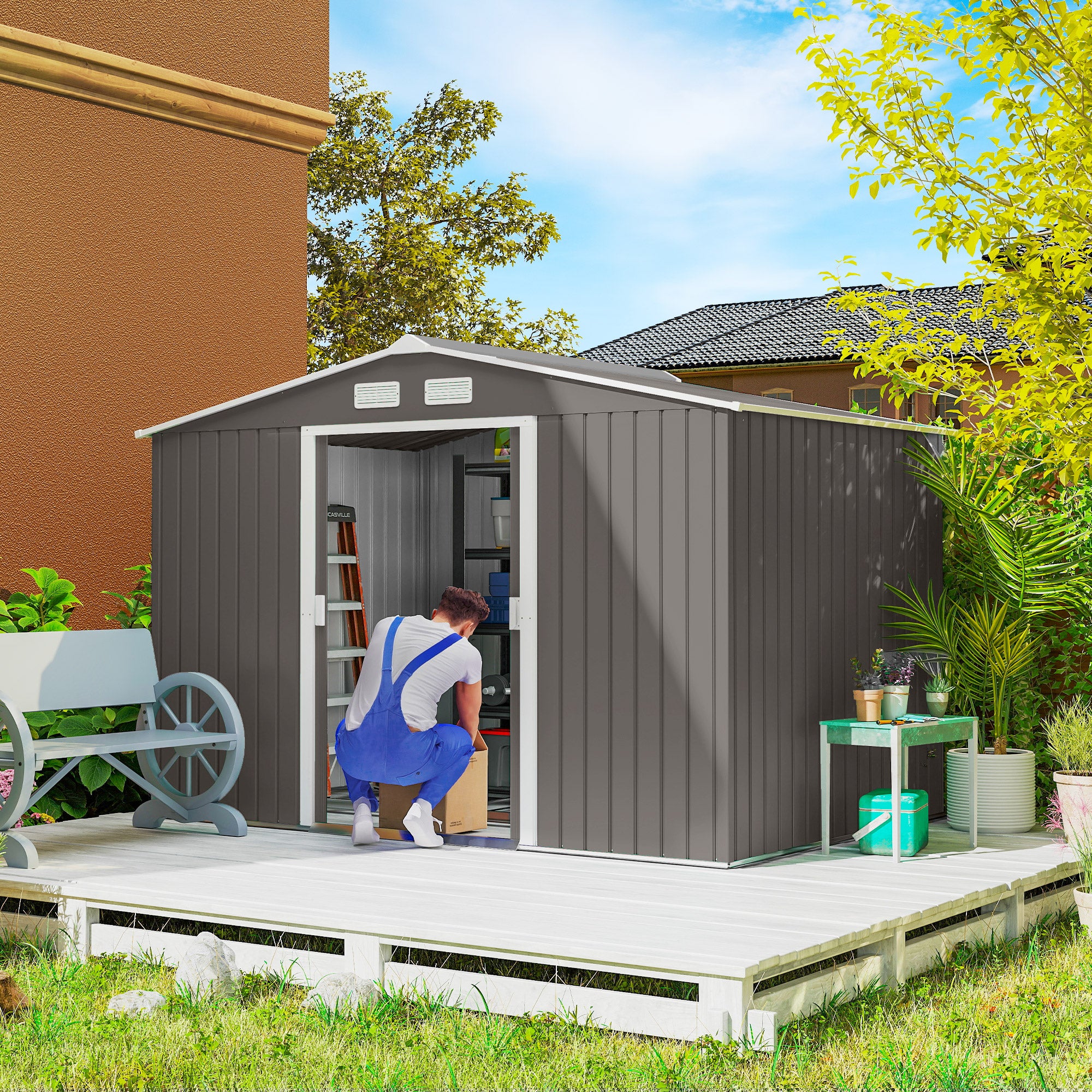 Large Outdoor Storage Shed, 9x6 Garden Tool Shed for Patio, Garage, Lawn, Gray - Gray - Image 2