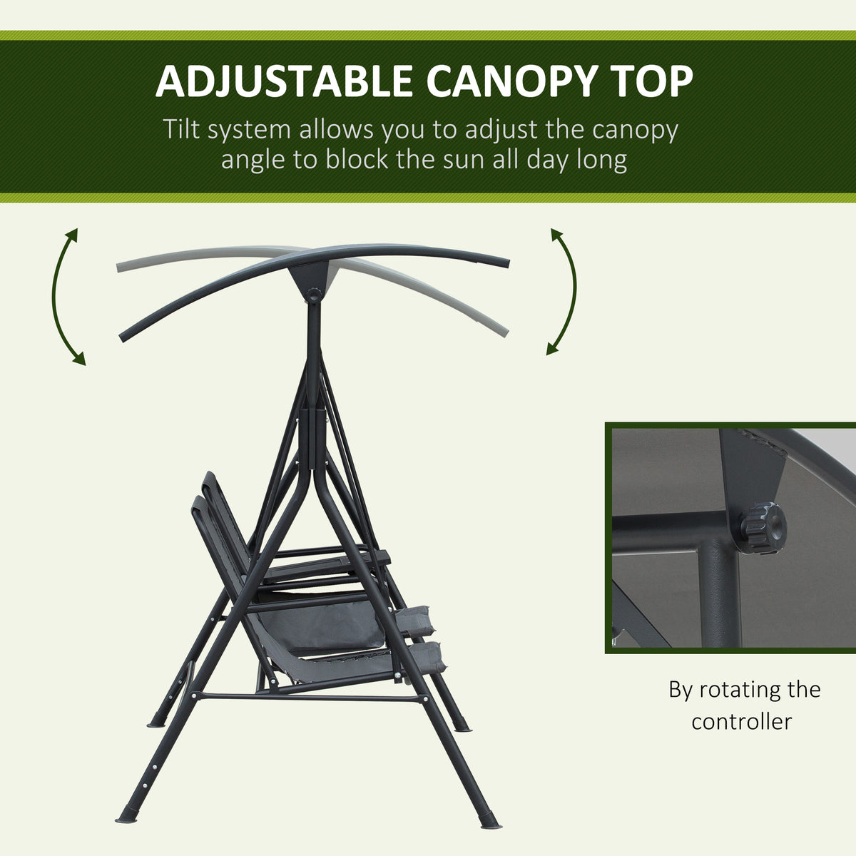 2-Seat Outdoor Porch Swing, with Pivot Storage Table, Cup Holder, & Adjustable Overhead Canopy, Stand's Skid-Resistant Feet Pad, Breathable Mesh Seat, Steel Frame, for Patio, Gray