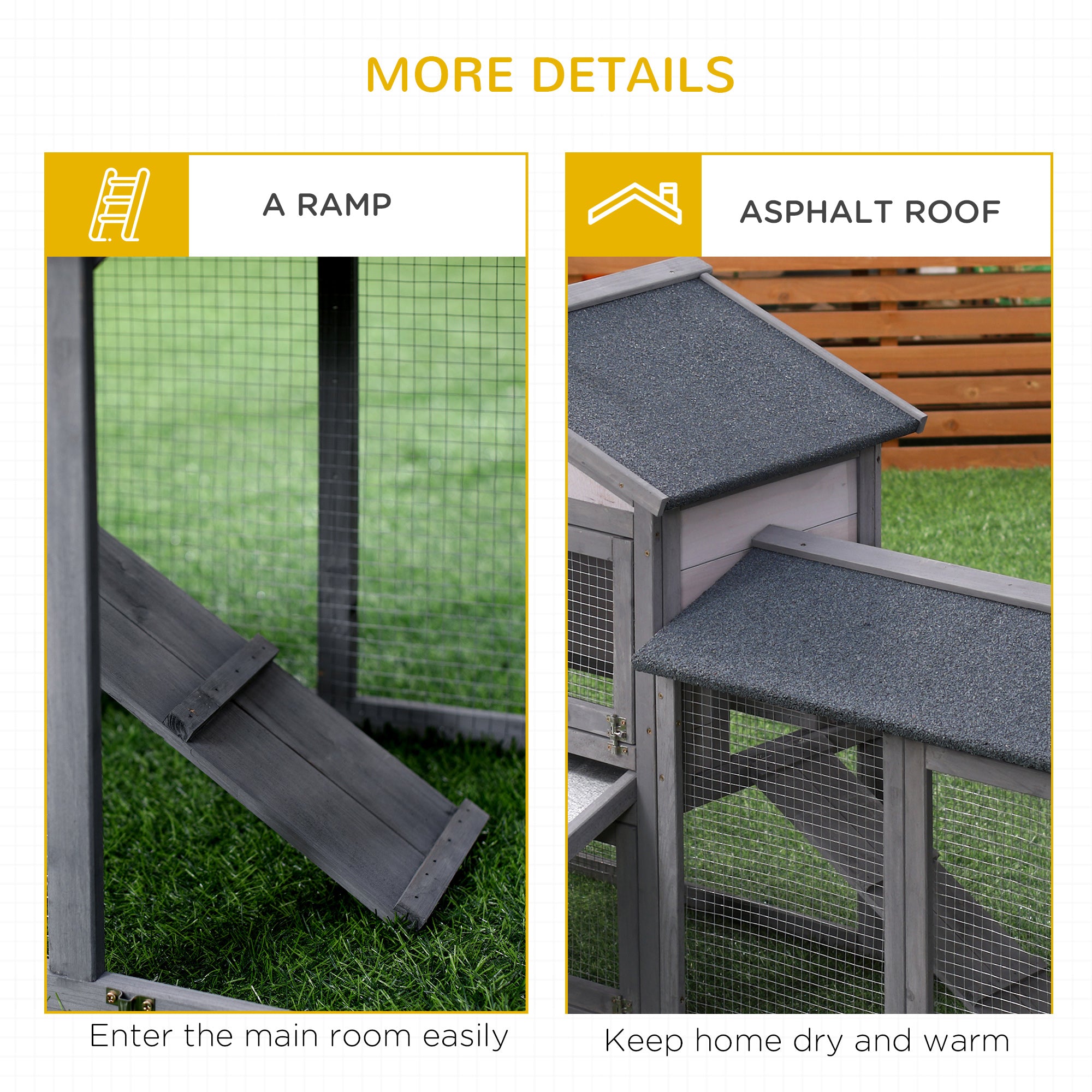 58" Large Rabbit Hutch Outdoor Indoor, Wooden Bunny Hutch, Guinea Pig Cage with Run, Removable Tray, Asphalt Roof, Lockable Doors and Ramp, for 1-2 Small Rabbits, Chickens, Ducks, Dark Gray - Grey - Image 7