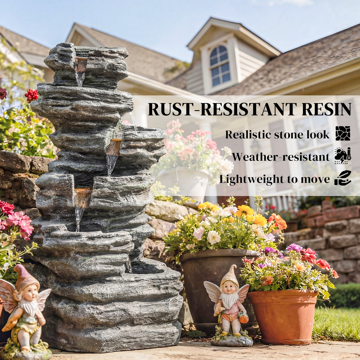 40" Tall Outdoor Waterfall Fountain with LED Lights, 6-Tier Cascading Waterfall Feature, Resin Garden Fountain, Gray