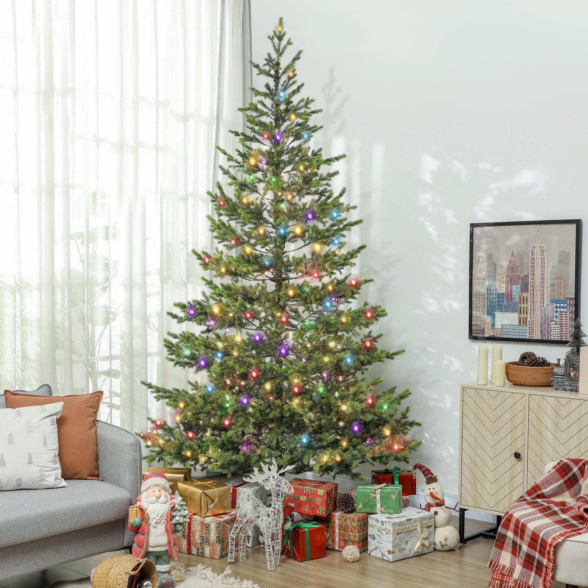 9ft Artificial Prelit Sparse Cedar Christmas Tree with LED Lights and 4306 Tips, Steel Base for Home Office Holiday