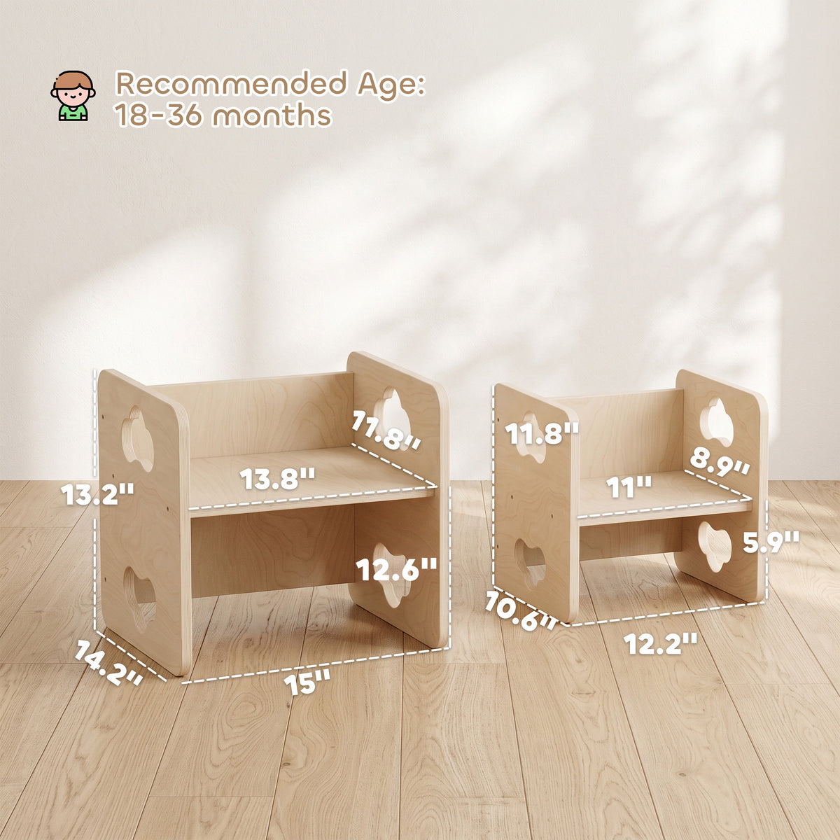 Montessori Kids Table and Chair Set with 3-Level Heights for 18-36 Months Toddlers, Learning, Play and Mealtime, Natural
