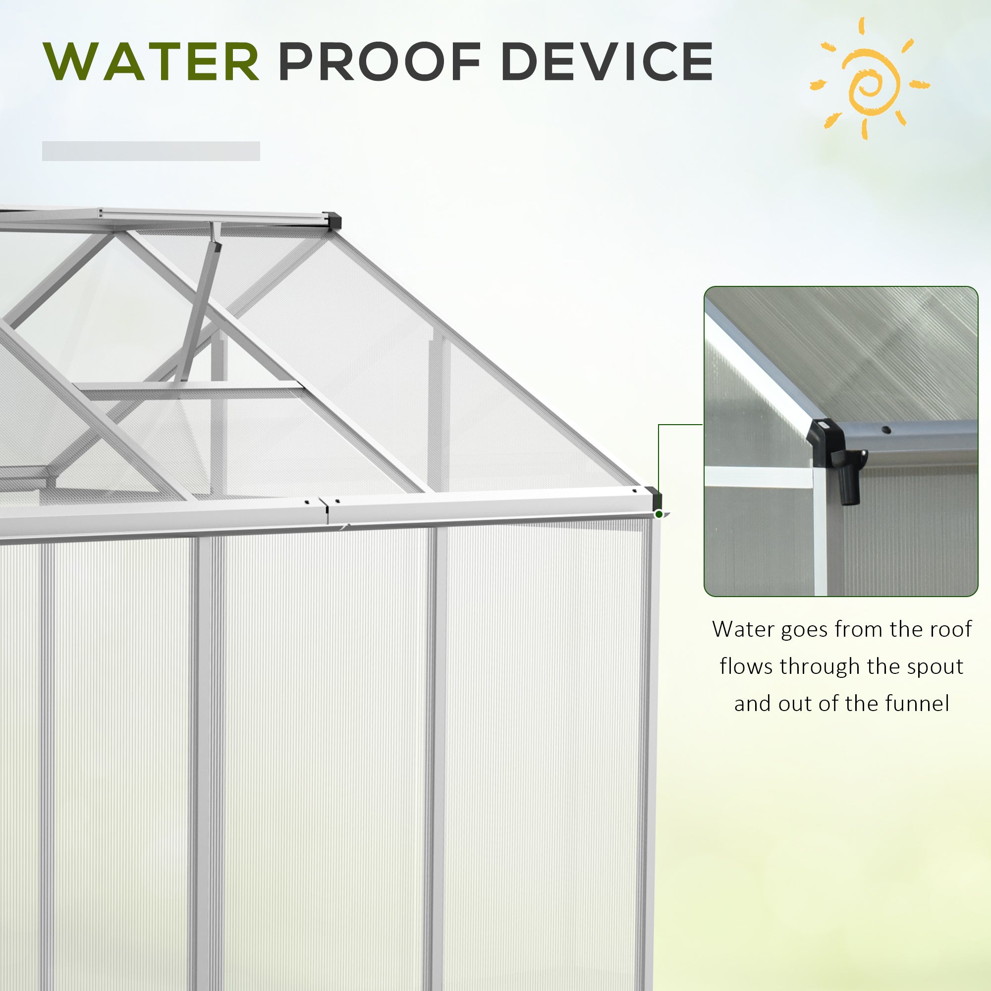 6' L x 6' W Walk-In Polycarbonate Greenhouse with Roof Vent for Ventilation & Rain Gutter for Winter - Silver - Image 6