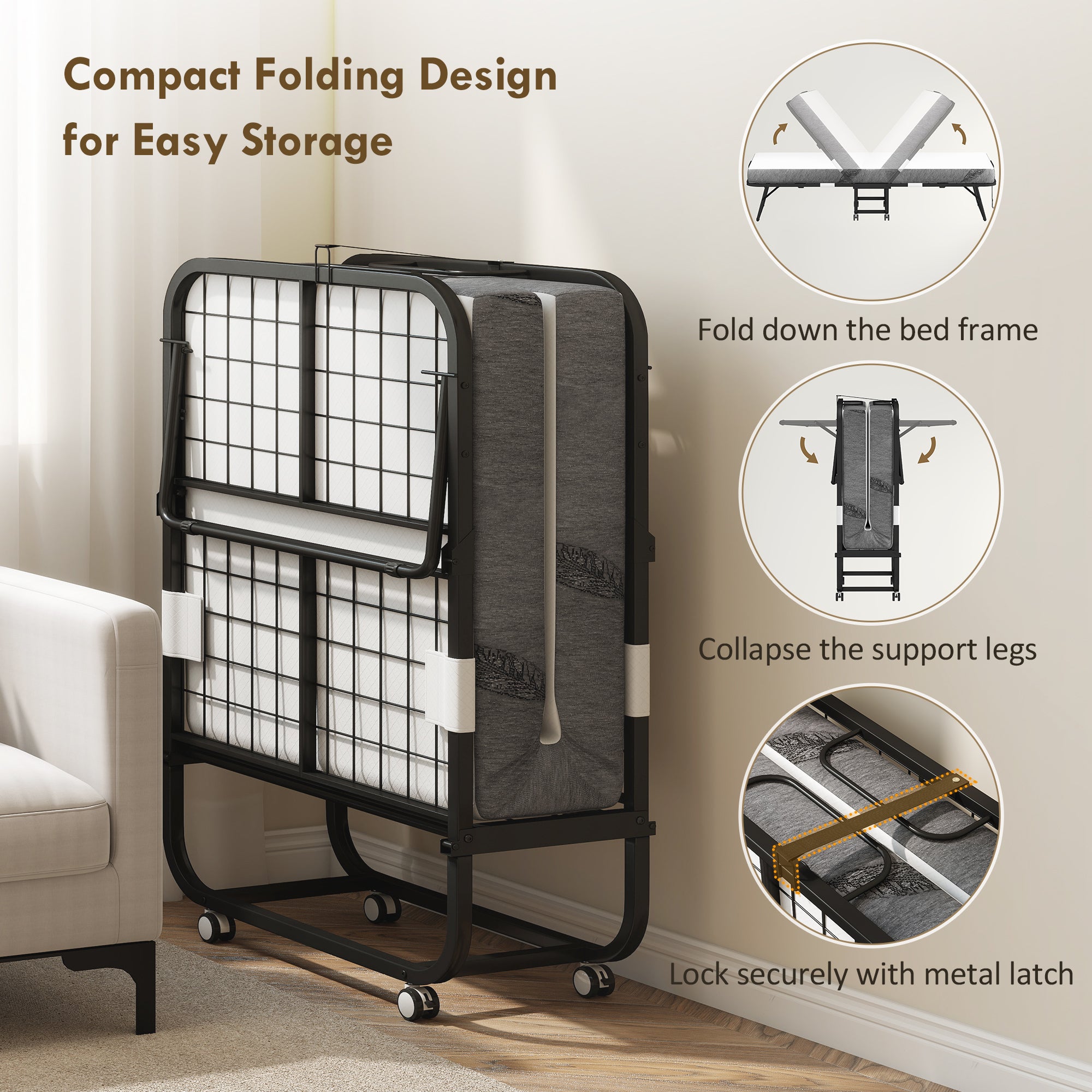 Folding Bed with Mattress for Adults, Long Twin Size, Portable Foldable Bed with 4" Foam Mattress & Space-Saving Steel Frame, 79" x 35", Fold Up, Roll Away & Hideaway, White