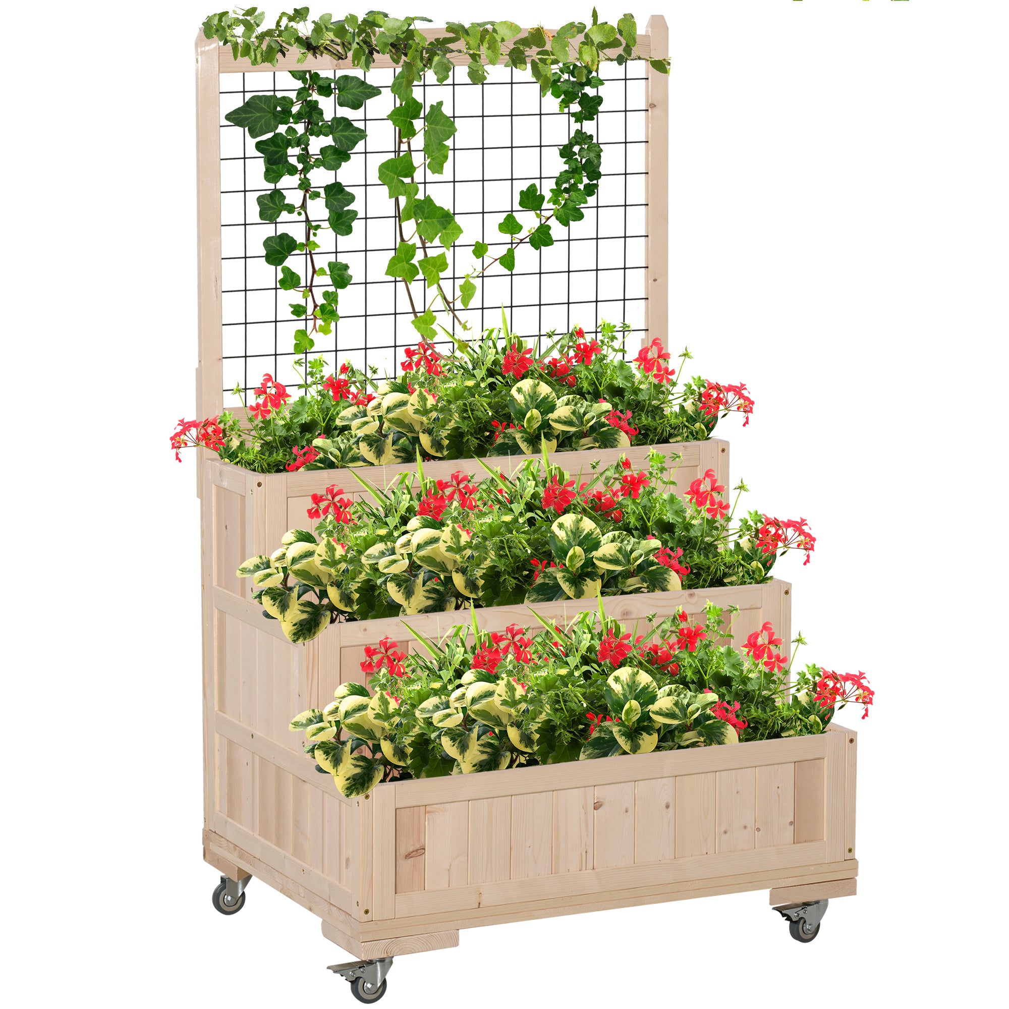 3-Tiers Raised Garden Bed with Trellis, 53" H Vertical Planter Box with Wheels & Back Storage Area, for Flowers, Vegetables, Herbs, Natural - Natural Wood