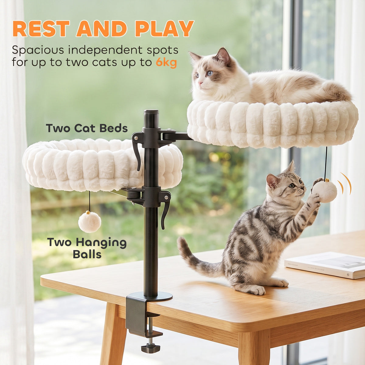Cat Desk Bed for Indoor, Cat Hammock with 2 Removable Beds, 2 Hanging Balls for Desk, Windows, Holds Up to 24 lbs, White