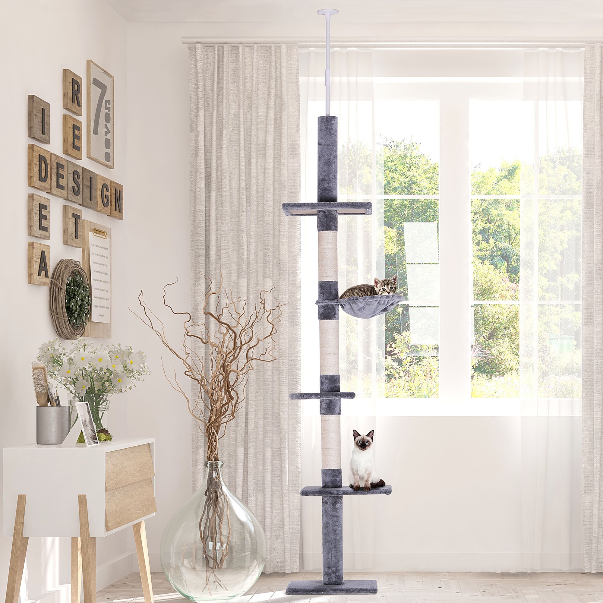 102" Adjustable Height Floor to Ceiling Cat Tree, 5 Level Cat Tower with Scratching Posts, Hammock, Gray - Grey - Image 2