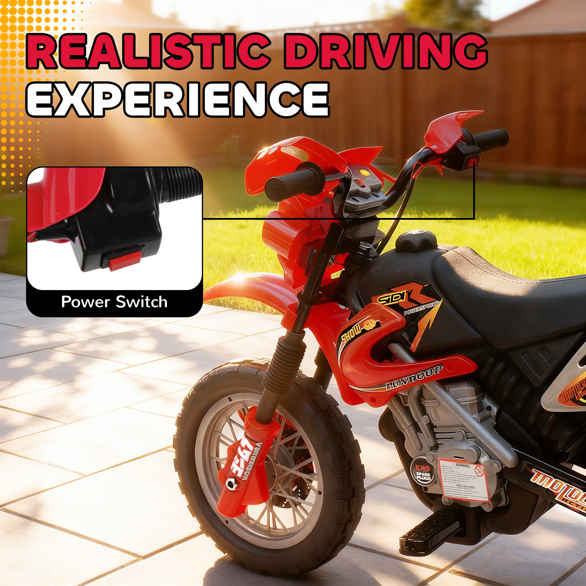 6V Kids Motorcycle, Electric Motorcycle with Dirt Bike Style, Street Bike Design Battery Powered Ride On Toy with Training Wheels, Headlight, Music, Ages 5-8, Red