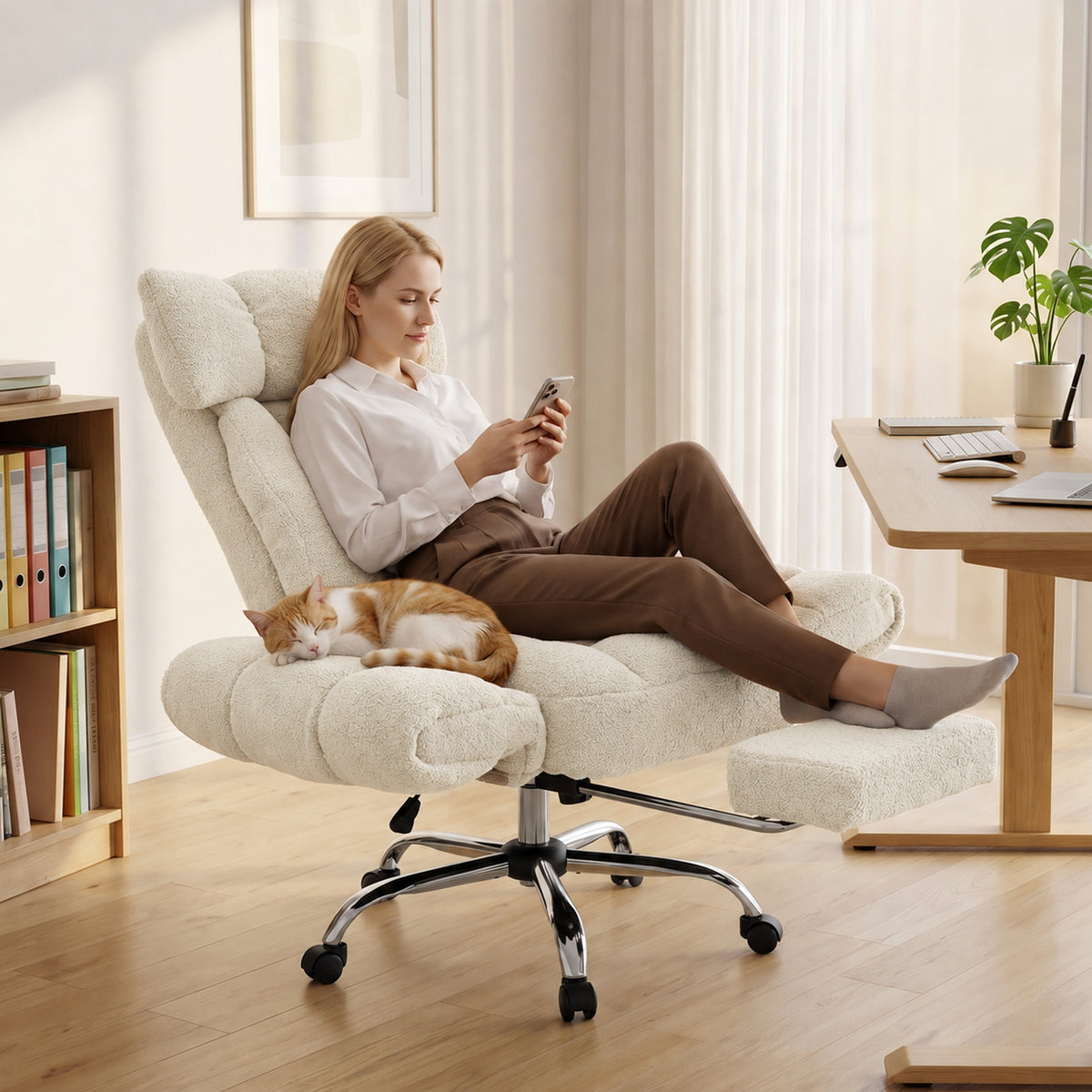 Criss Cross Office Chair with Flip-Up Armrests, Reclining Desk Chair with Wide Seat, Footrest, Wheels, Cream White
