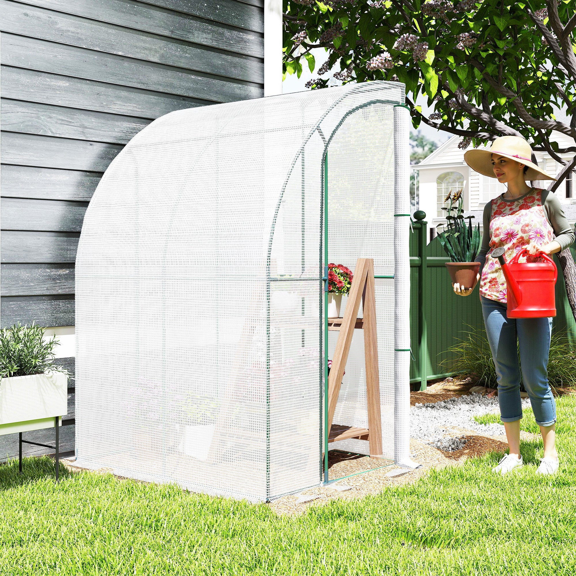 5' x 4' x 7' Outdoor Lean to Greenhouse, Walk-In Green House Plant Nursery with Roll-up Window, PE Cover, White - White - Image 2