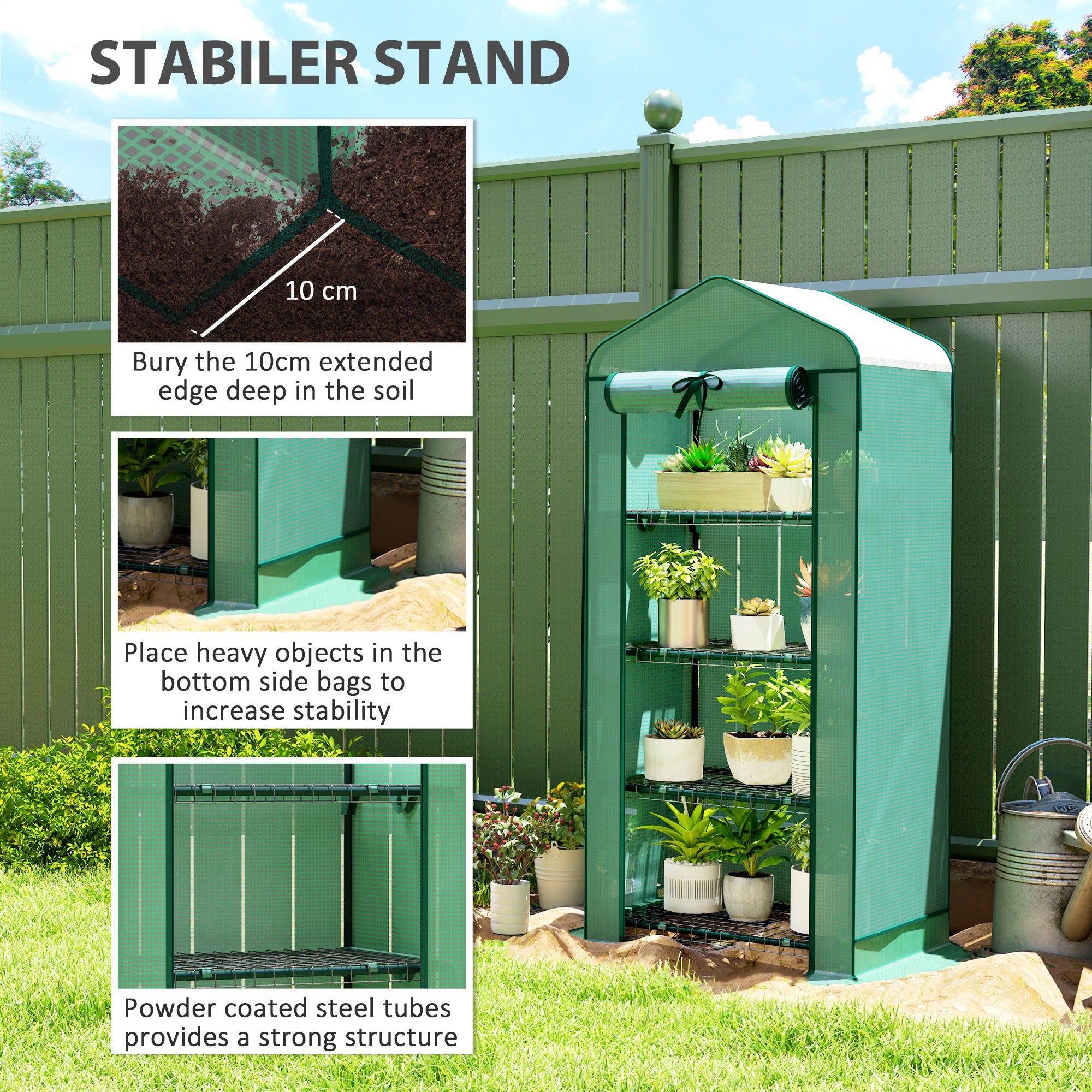 Mini Greenhouse with Screen Roof, 4 Tier Portable Small Greenhouse with High Strength PE Cover, Green - Green - Image 8