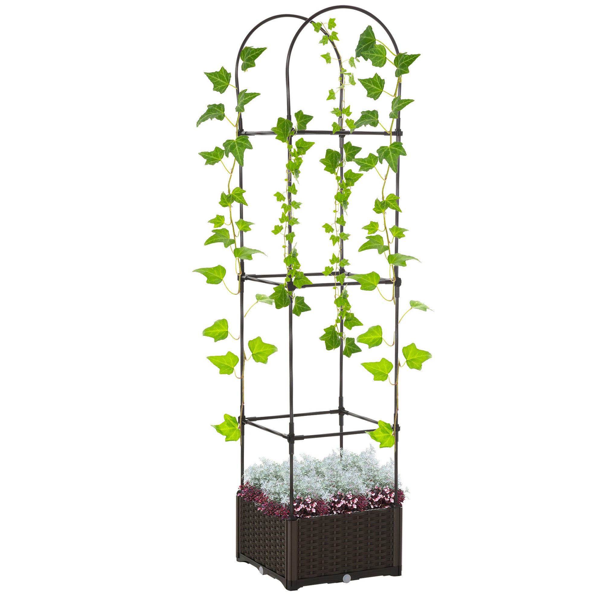 Raised Garden Bed with Trellis, Self-Watering Planter Box, 69.7" Tomato Planters for Climbing Plants Vegetable Vine Flowers - Brown
