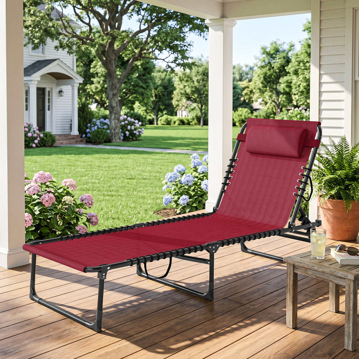 Folding Chaise Lounge Pool Chair with 4-Position Reclining Back, Pillow, Breathable Mesh & Bungee Seat, Wine Red
