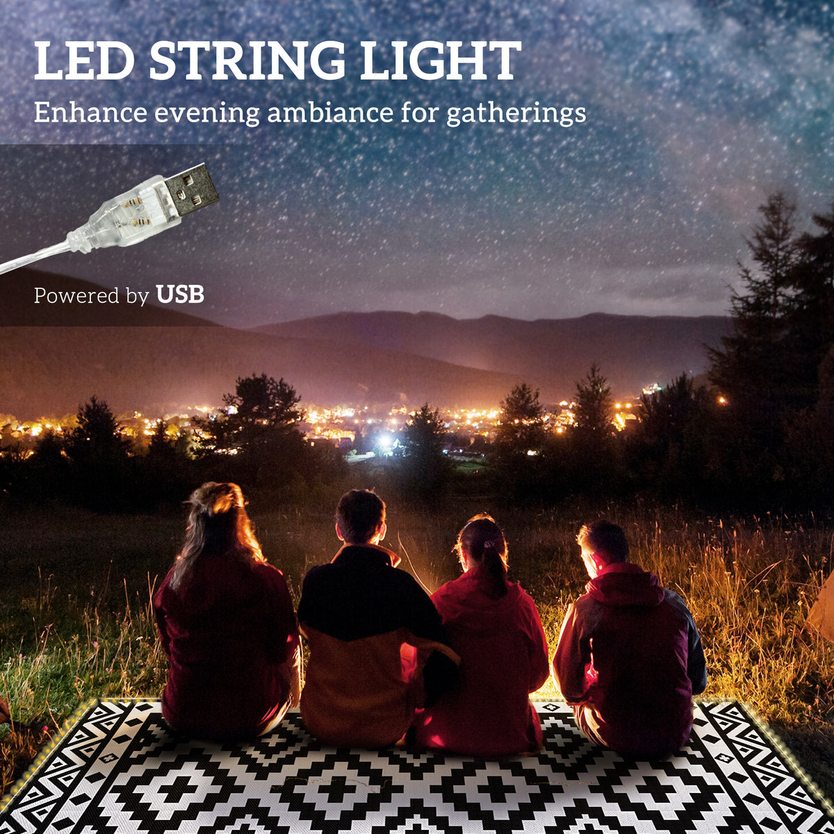 Outdoor Rug Carpet Reversible Plastic Straw Rug with LED Lights Black and White 10' x 8' for Patio