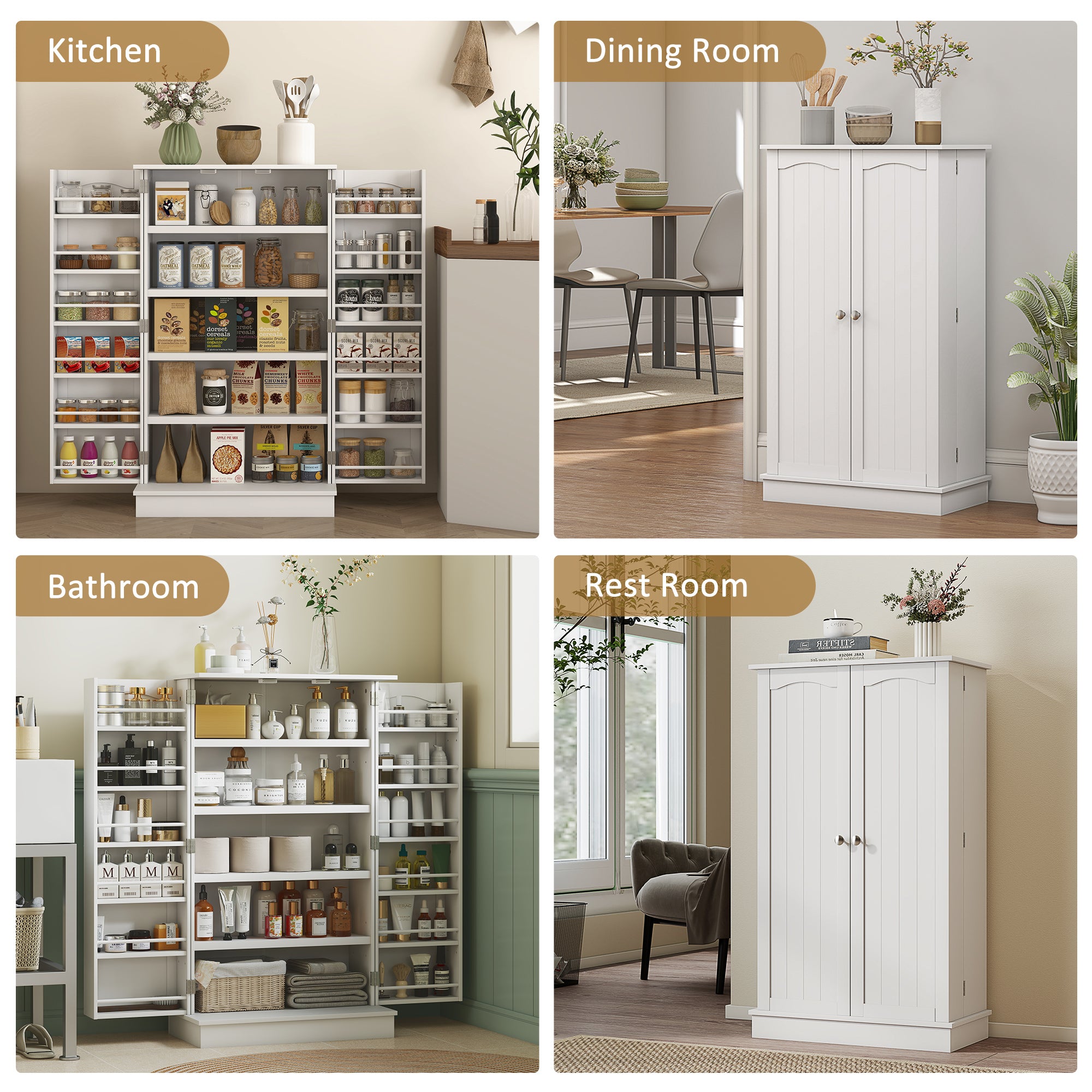 Freestanding Kitchen Pantry Cabinet, Kitchen Sideboard Cabinet with 12 Door Shelves, Double Doors, 5-tier Shelving, Paper White