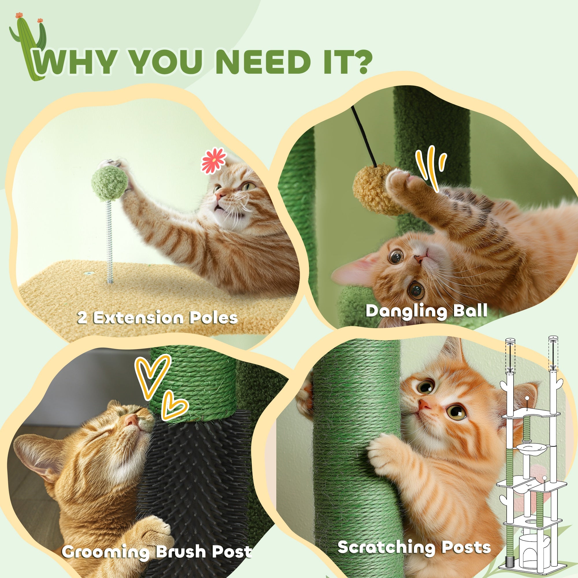 89"-100" Floor to Ceiling Cat Tree, Cat Climbing Tower with Grooming Brush Post, Cat Condo, Hammock, Green - Green - Image 8