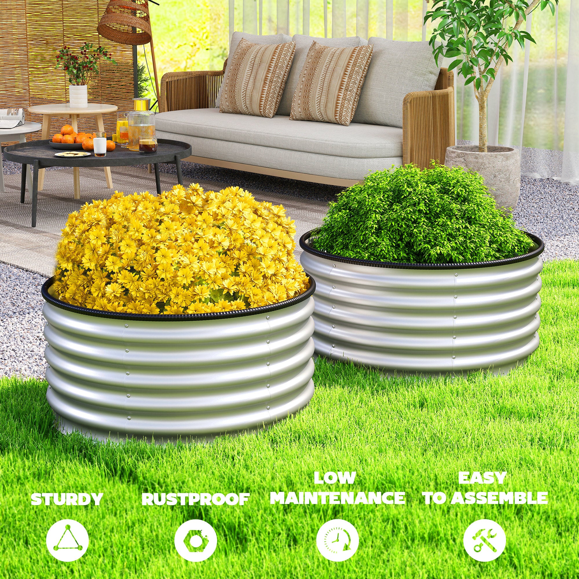 Set of 2 Raised Garden Bed, Metal Planter Box with Safety Edging, Easy-to-assemble Stock Tank 3'x3'x1.4' Silver - Silver - Image 7