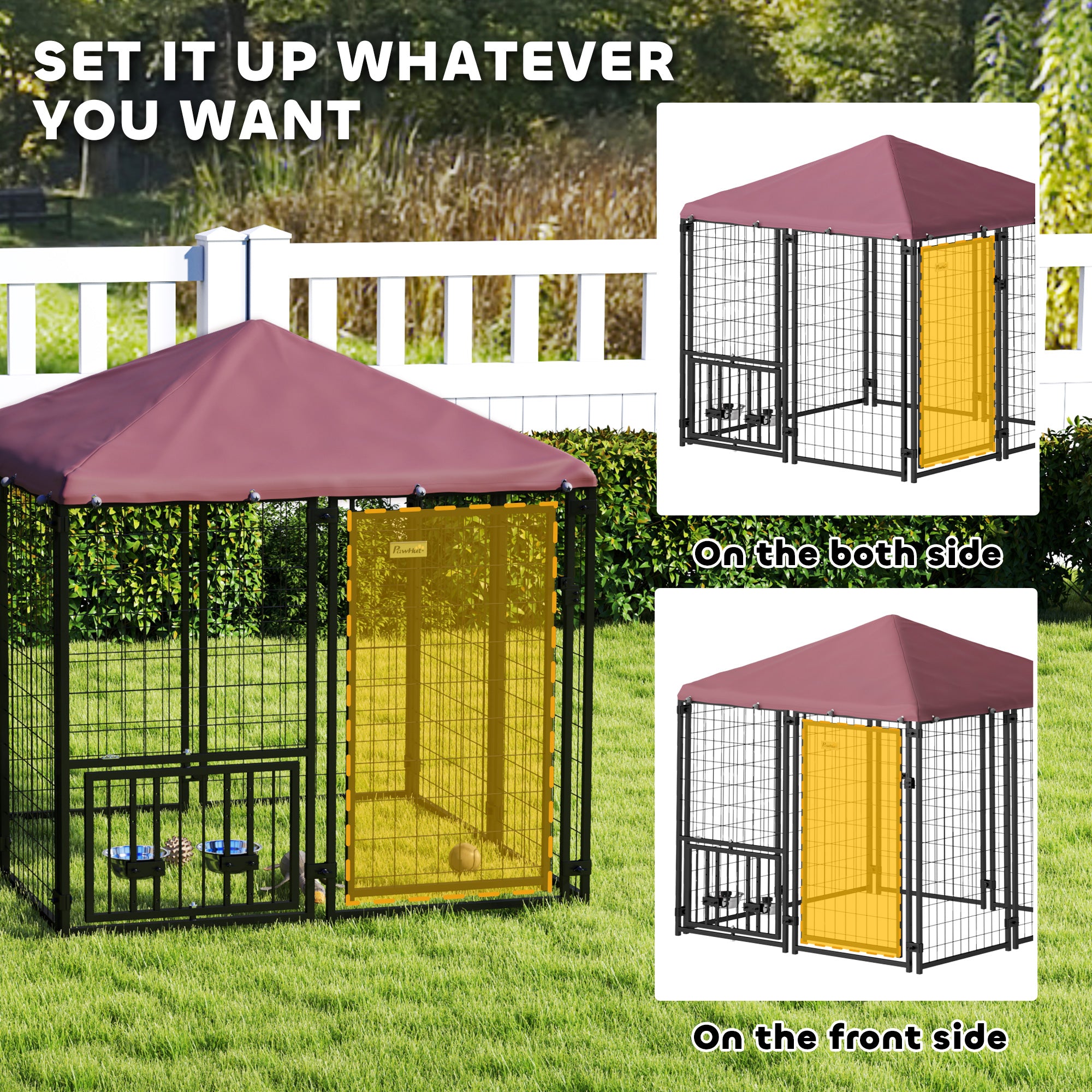 Welded Wire Outdoor Dog Kennel with 360° Rotating & 4 Levels Adjustable Bowls, Waterproof Cover, 4.6' x 4.6' x 5' - Red - Image 7