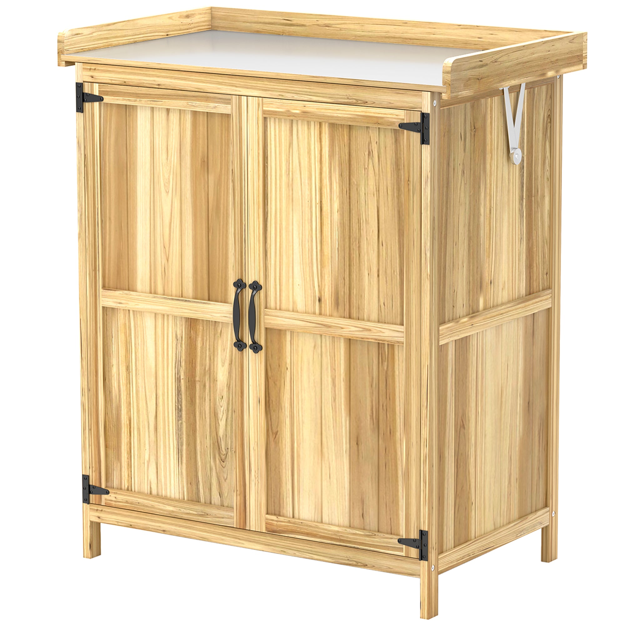 Outdoor Storage Cabinet, Garden Tool Shed with Metal Tabletop, Shelf, Wooden Potting Bench with 2 Doors, Natural Wood - Natural Wood