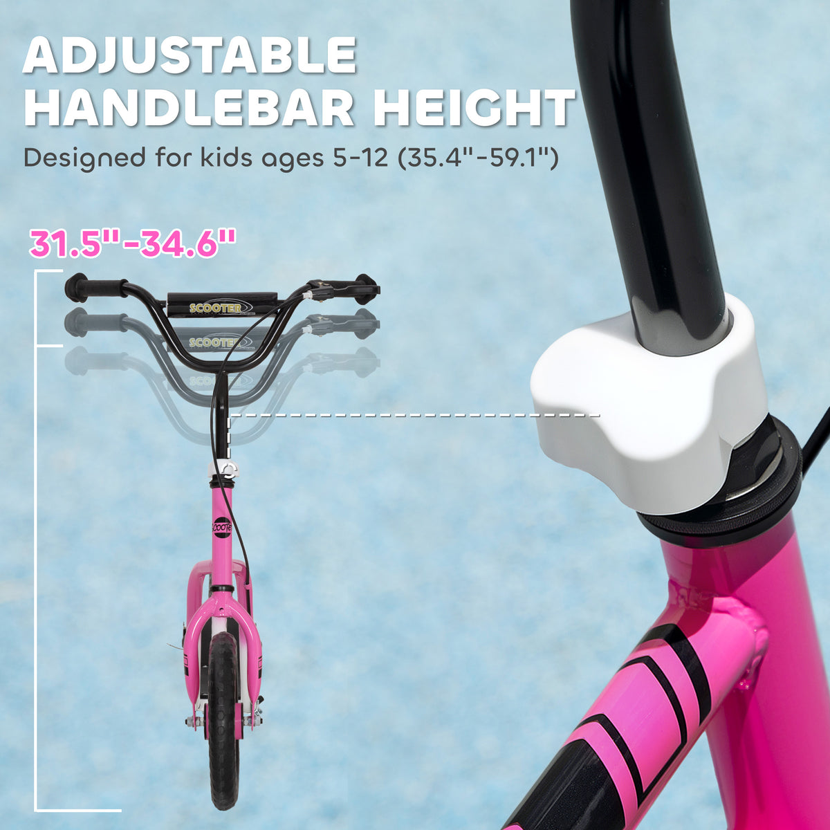Kids Scooter, Lightweight Scooter with Adjustable Handlebar, Rear Brake, Kickstand, 12" EVA Wheels, for 5-12 Y, Pink