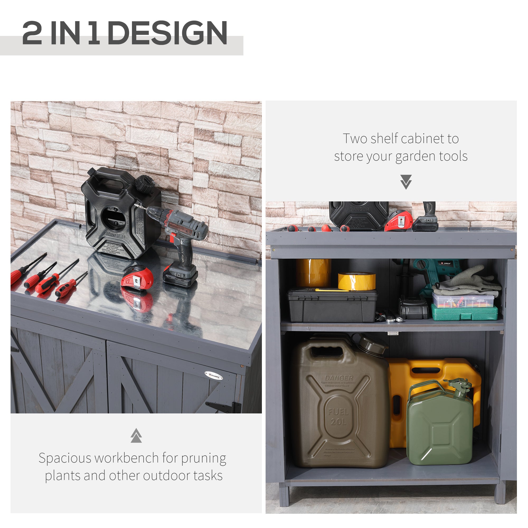 Outdoor Storage Cabinet, Outdoor Tool Shed with Galvanized Top and Two Shelves for Yard Tools or Pool Accessories, Gray - Grey - Image 4